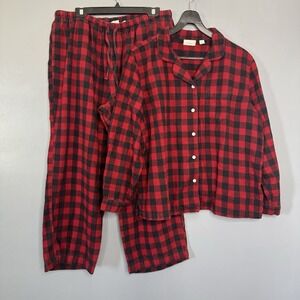 L.L.Bean Two Piece Pajama Set Womens Size XL PET Red Plaid Fleece Pajamas Pjs